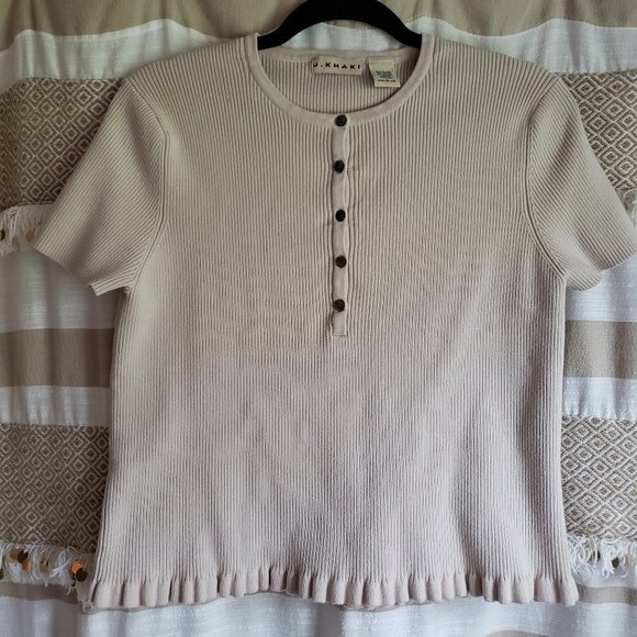 J. Khaki | Button Rib Mini Ruffle Short Sleeve Top - Picture 1 of 6
